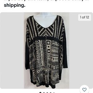 Edista Plus Size 1X Black/Cream Aztec Graphic Top 3/4 Sleeve V-Neck Back Slit.